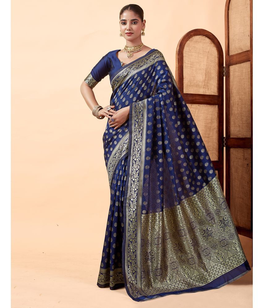     			Samah Art Silk Self Design Saree With Blouse Piece - Navy Blue ( Pack of 1 )