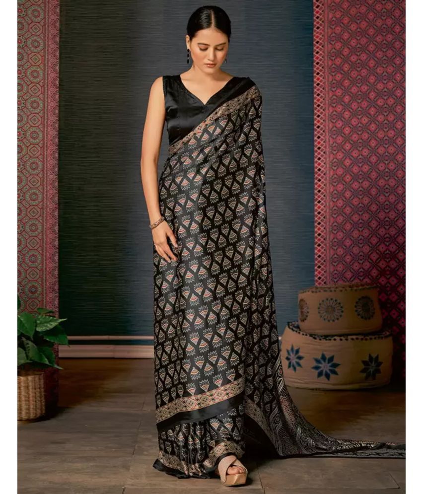     			Samah Satin Printed Saree With Blouse Piece - Black ( Pack of 1 )