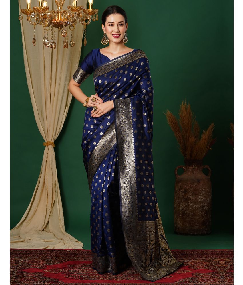     			Satrani Art Silk Woven Saree With Blouse Piece - Navy Blue ( Pack of 1 )