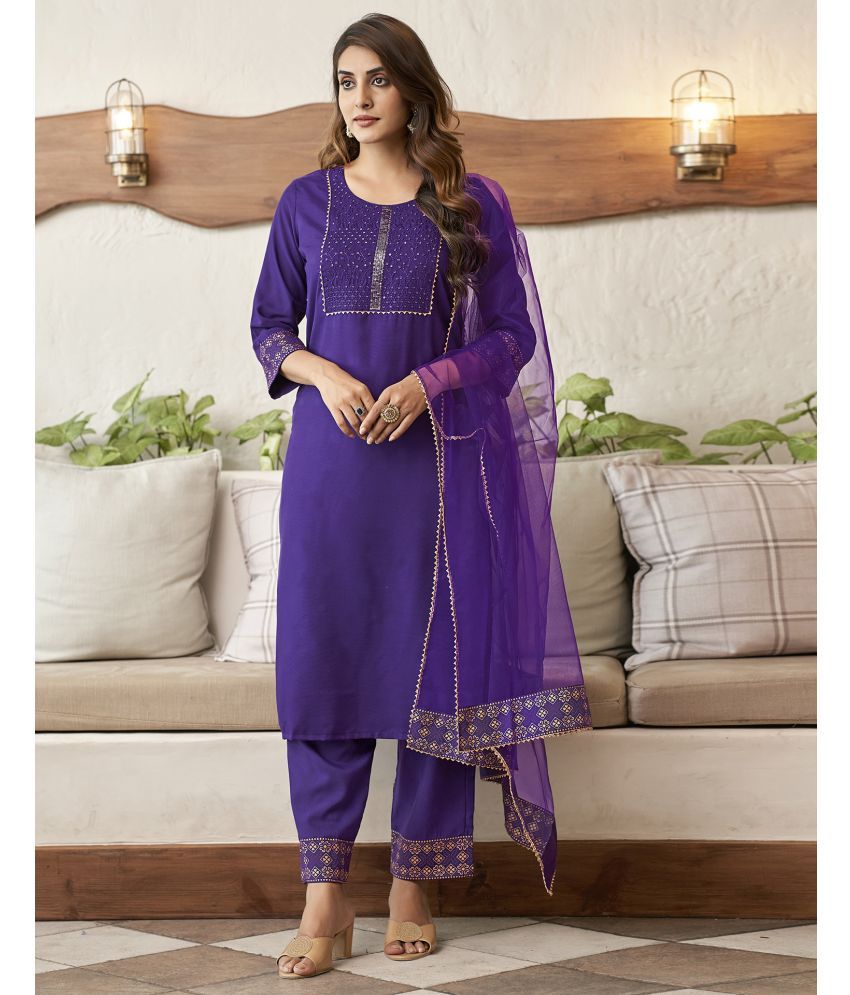     			Skylee Cotton Blend Embroidered Kurti With Pants Women's Stitched Salwar Suit - Violet ( Pack of 1 )