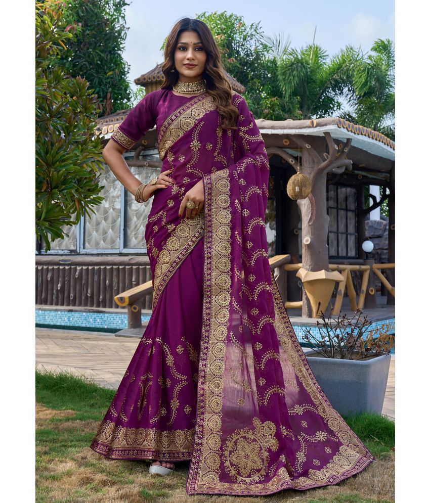     			Trijal Fab Georgette Embroidered Saree With Blouse Piece - Purple ( Pack of 1 )