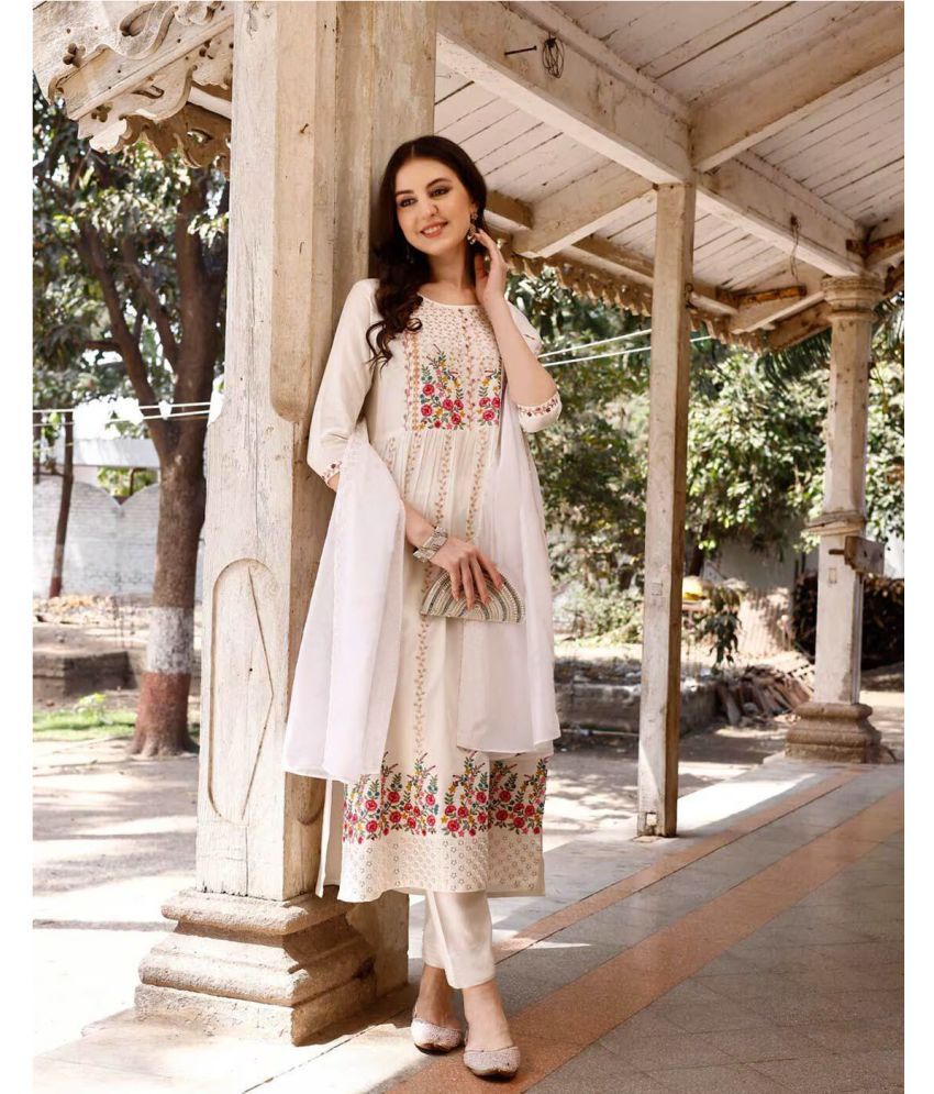     			kedar fab Rayon Embroidered Kurti With Pants Women's Stitched Salwar Suit - White ( Pack of 1 )