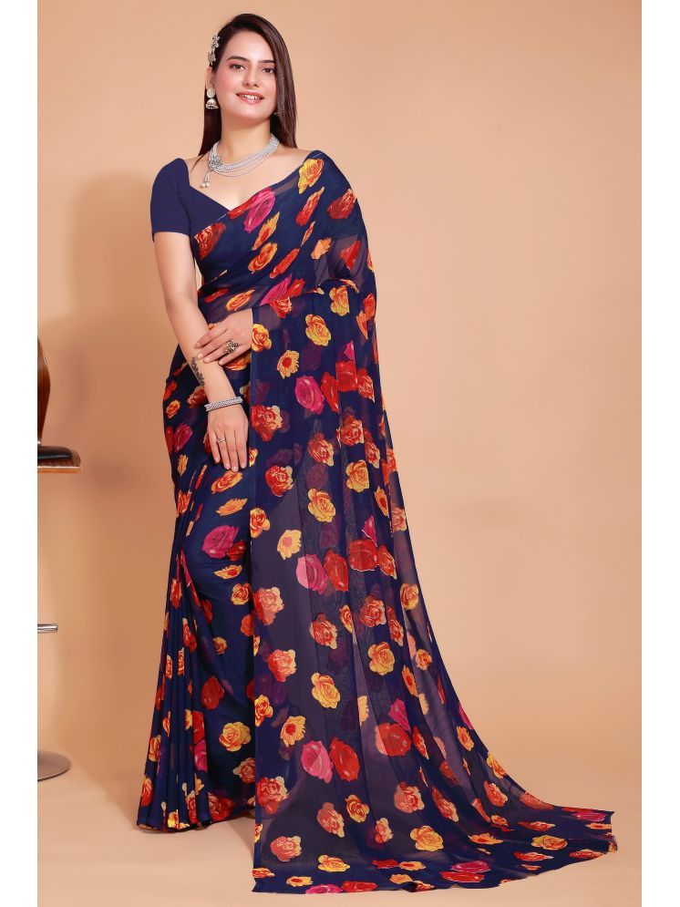     			Aishwarya Georgette Printed Saree Without Blouse Piece - Navy Blue ( Pack of 1 )