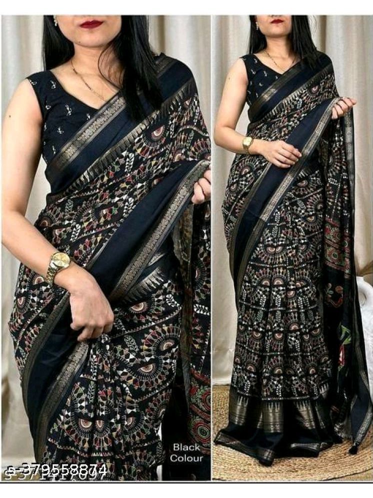     			Bhuwal Fashion Art Silk Printed Saree With Blouse Piece - Black ( Pack of 1 )