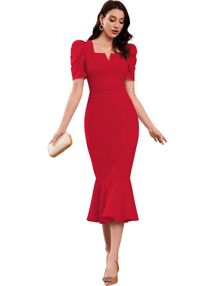     			Fashionfricks Lycra Solid Knee Length Women's Bodycon Dress - Red ( Pack of 1 )