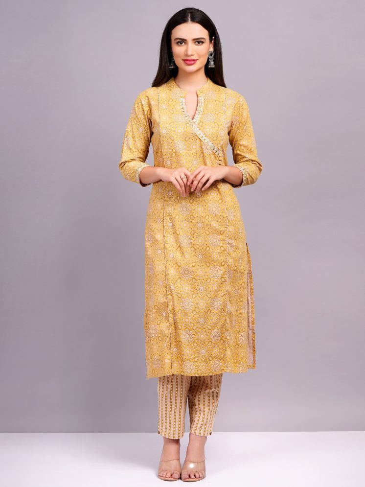     			HIGHLIGHT FASHION EXPORT Cotton Blend Self Design Kurti With Pants Women's Stitched Salwar Suit - Yellow ( Pack of 1 )