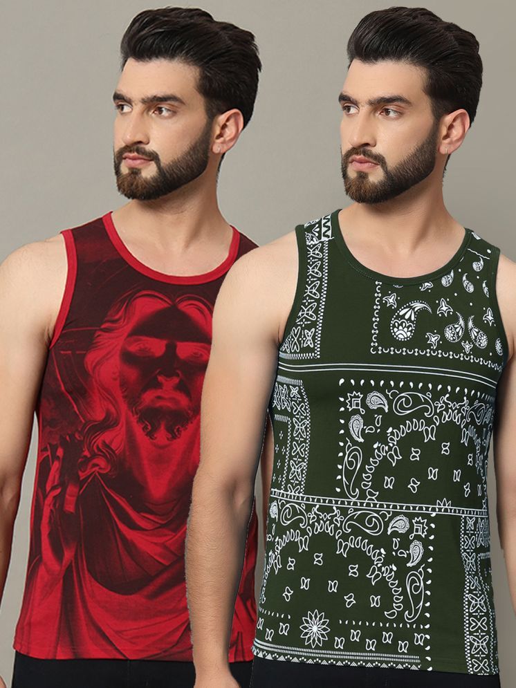     			RELANE Cotton Blend Regular Fit Printed Sleeveless Men's T-Shirt - Olive Green ( Pack of 2 )