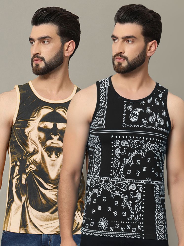     			RELANE Cotton Blend Regular Fit Printed Sleeveless Men's T-Shirt - Black ( Pack of 2 )