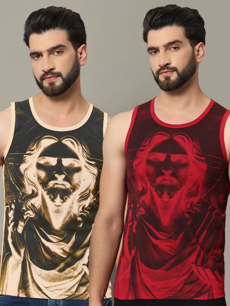     			RELANE Cotton Blend Regular Fit Printed Sleeveless Men's T-Shirt - Maroon ( Pack of 2 )