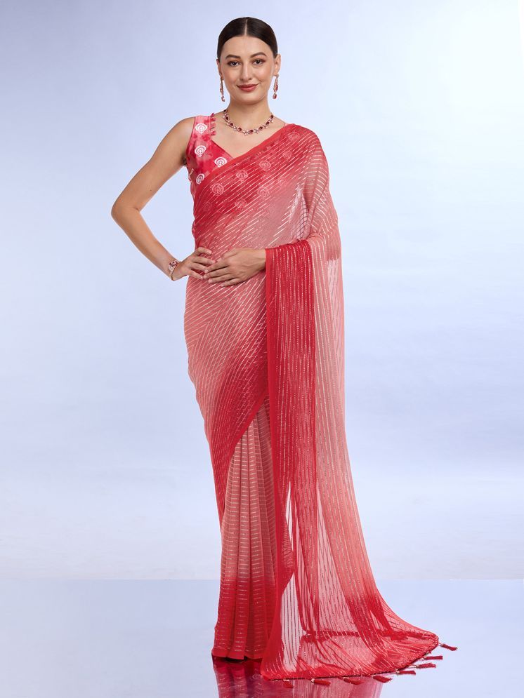     			Rekha Maniyar Chiffon Striped Saree With Blouse Piece - Pink ( Pack of 1 )