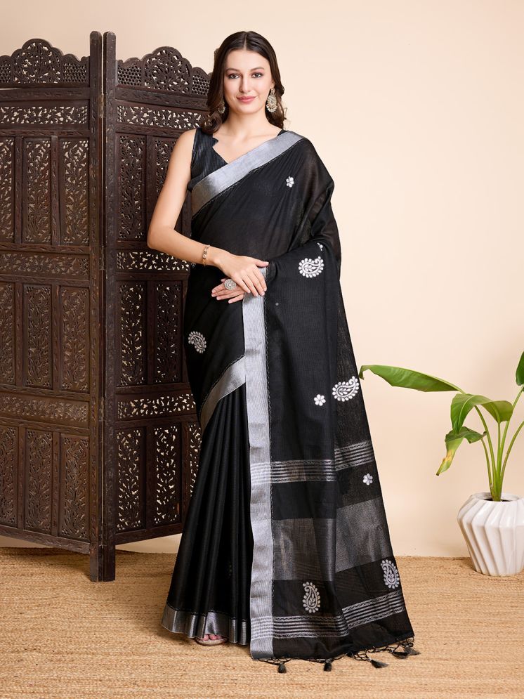     			Rekha Maniyar Linen Embroidered Saree With Blouse Piece - Black ( Pack of 1 )