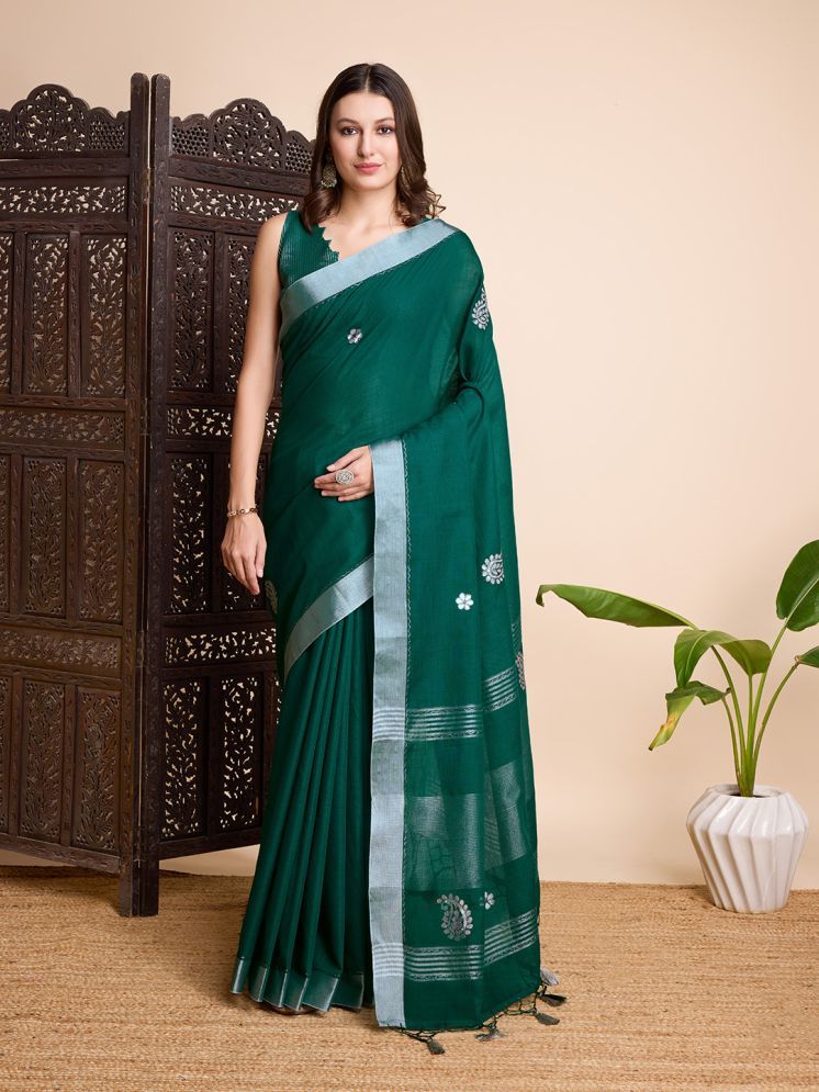     			Rekha Maniyar Linen Embroidered Saree With Blouse Piece - Green ( Pack of 1 )