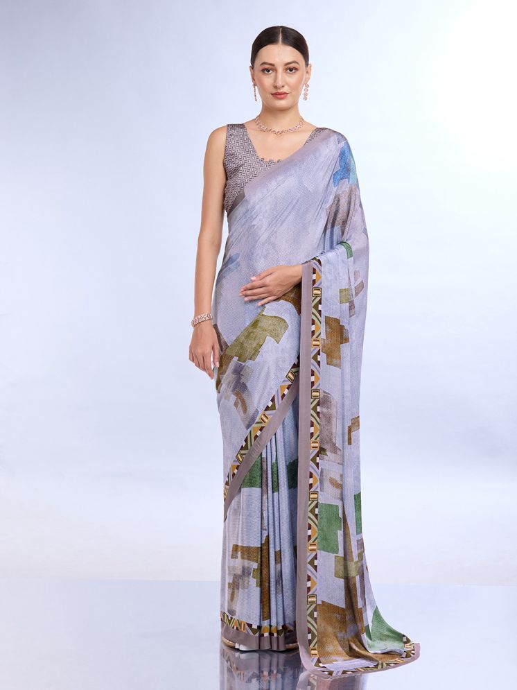     			Rekha Maniyar Satin Printed Saree With Blouse Piece - Grey ( Pack of 1 )