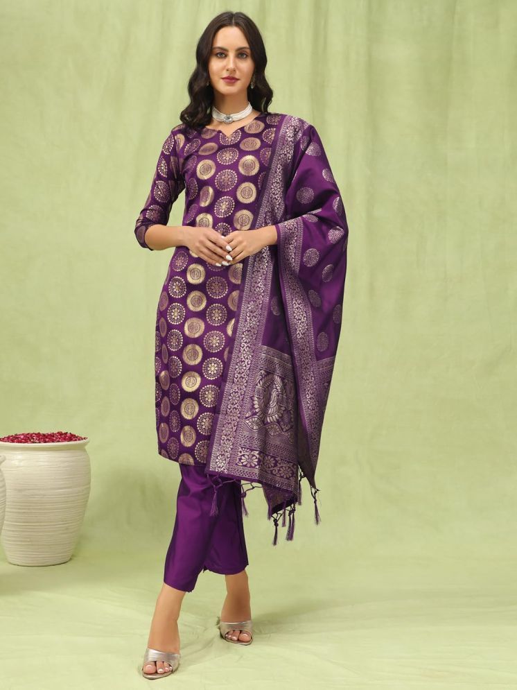     			VredeVogel Cotton Silk Embellished Kurti With Pants Women's Stitched Salwar Suit - Purple ( Pack of 1 )