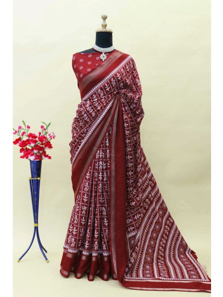     			Bhuwal Fashion Art Silk Printed Saree With Blouse Piece - Maroon ( Pack of 1 )