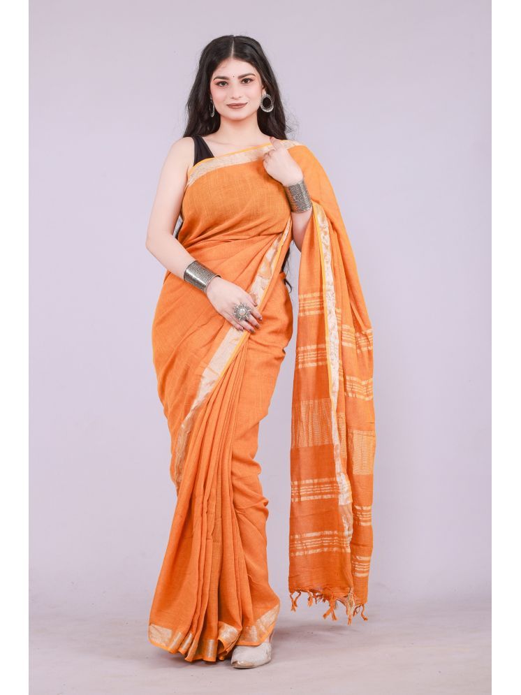     			NOITAERCPR Cotton Solid Saree With Blouse Piece - Orange ( Pack of 1 )