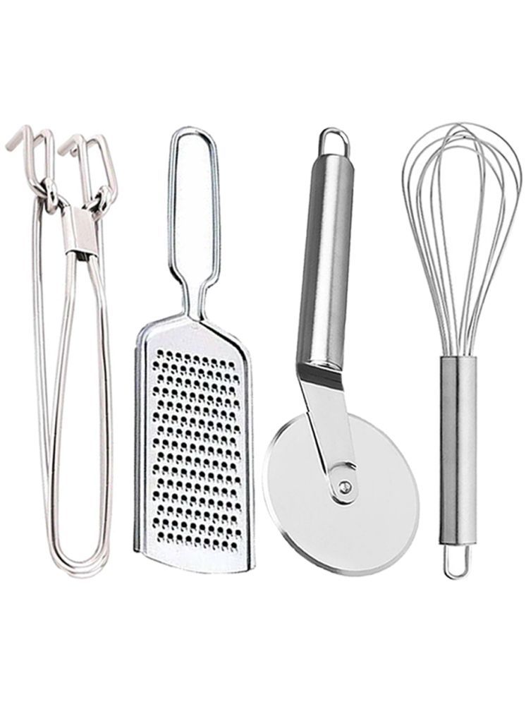     			OC9 Silver Stainless Steel Grater+Pakkad+Pizza Cutter+Whisk ( Set of 4 )