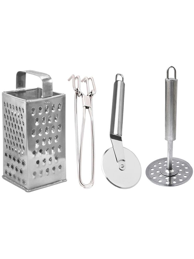     			OC9 Silver Stainless Steel Grater+Pakkad+Pizza Cutter+Masher ( Set of 4 )