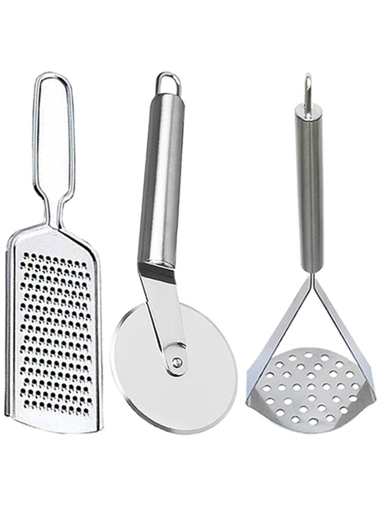     			OC9 Silver Stainless Steel Grater+Pizza Cutter+Masher ( Set of 3 )