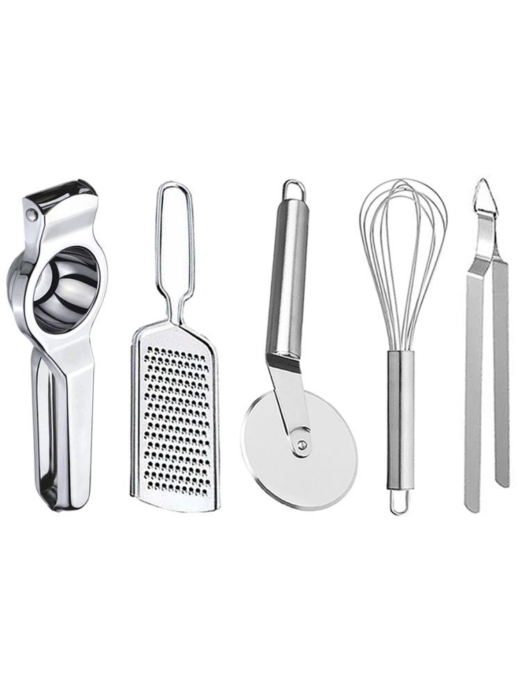     			OC9 Silver Stainless Steel Lemon+Grater+Pizza Cutter+Whisk+Chimta ( Set of 5 )