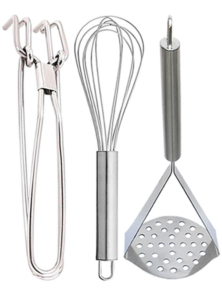     			OC9 Silver Stainless Steel Pakkad+Whisk+Masher ( Set of 3 )