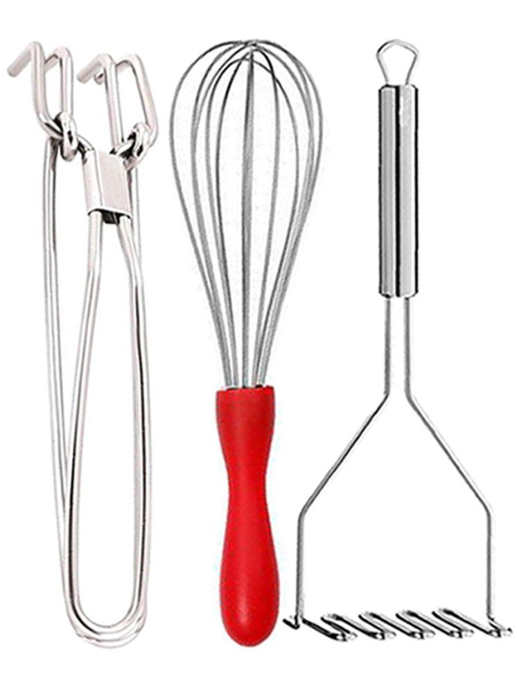     			OC9 Silver Stainless Steel Pakkad+Whisk+Masher ( Set of 3 )