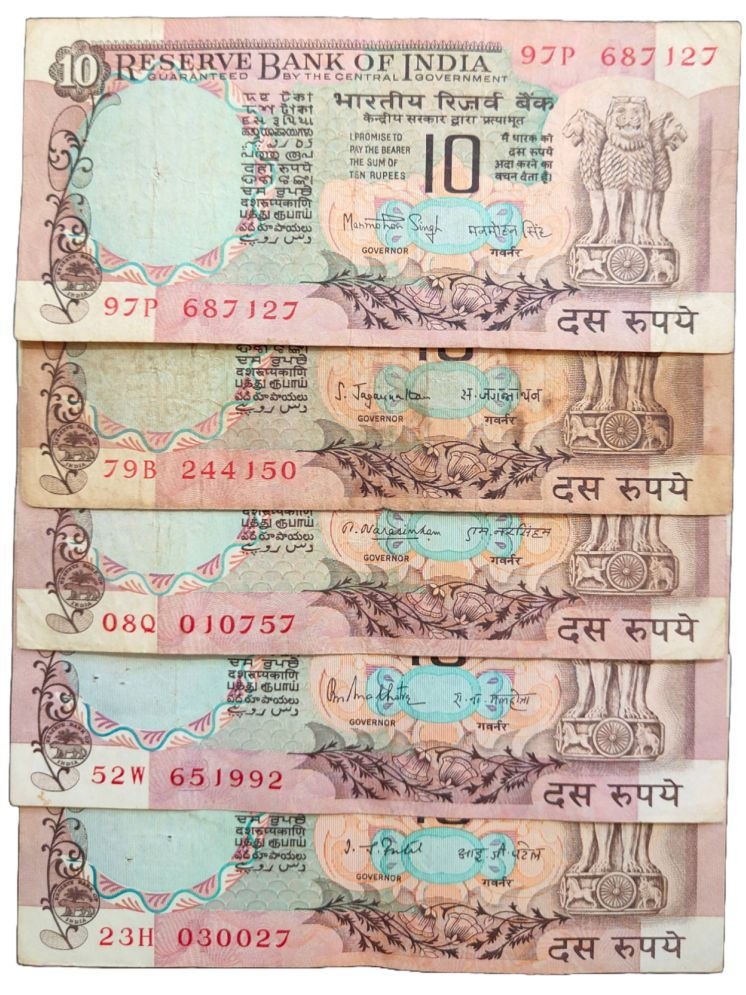     			Very Rare 10 Rupees 5 Different Governors with Manmohan Singh Reverse 786 Peacock Issue Note