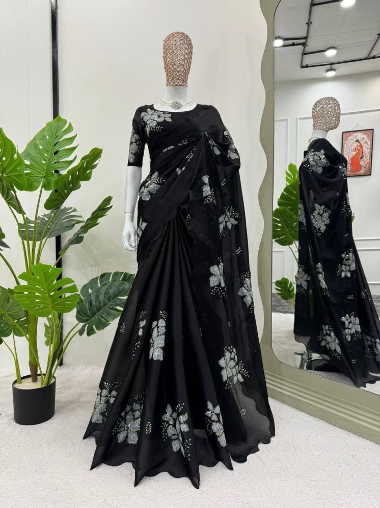     			A TO Z CART Organza Embellished Saree With Blouse Piece - Black ( Pack of 1 )