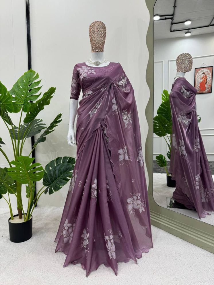     			A TO Z CART Organza Embellished Saree With Blouse Piece - Purple ( Pack of 1 )