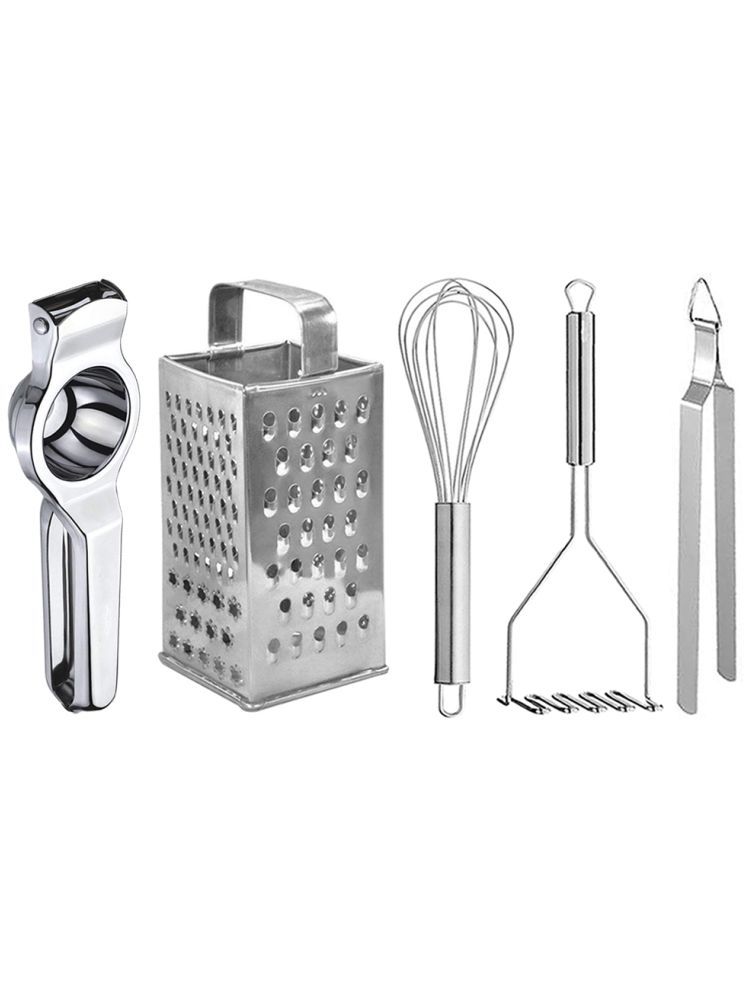     			OC9 Silver Stainless Steel Lemon+Grater+Whisk+Masher+Chimta ( Set of 5 )