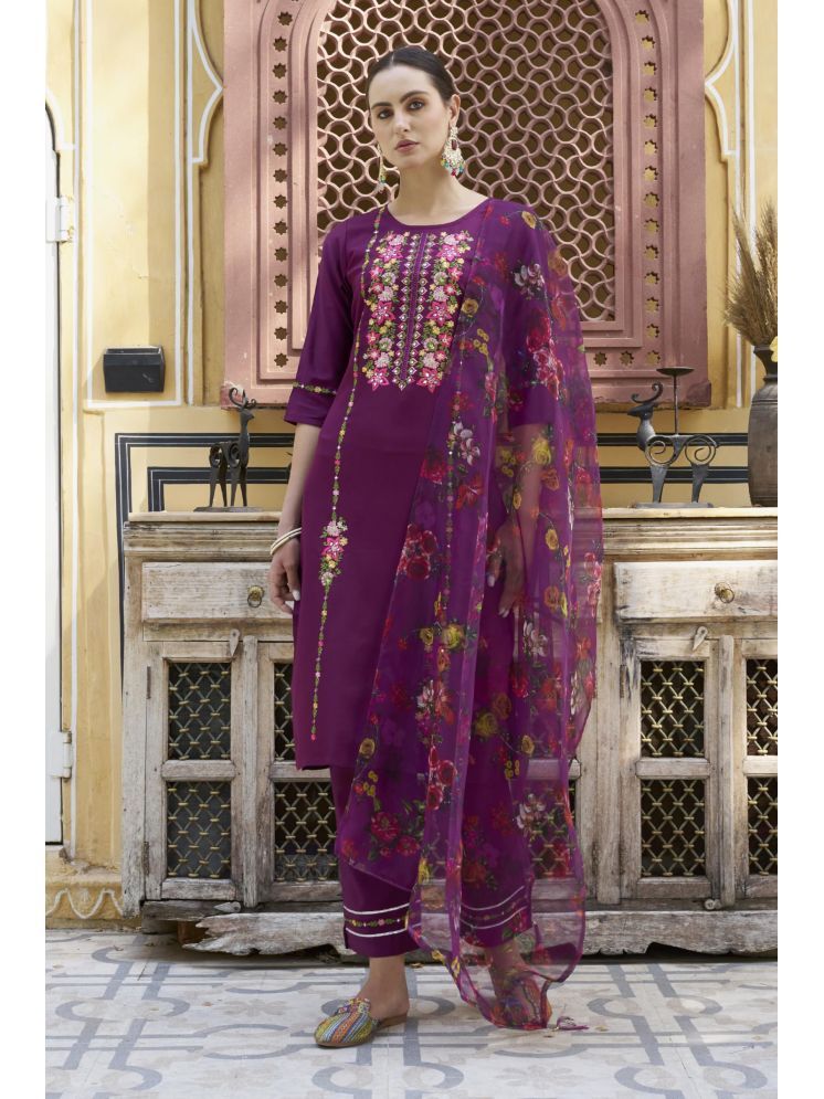     			VredeVogel Rayon Embroidered Kurti With Pants Women's Stitched Salwar Suit - Purple ( Pack of 1 )