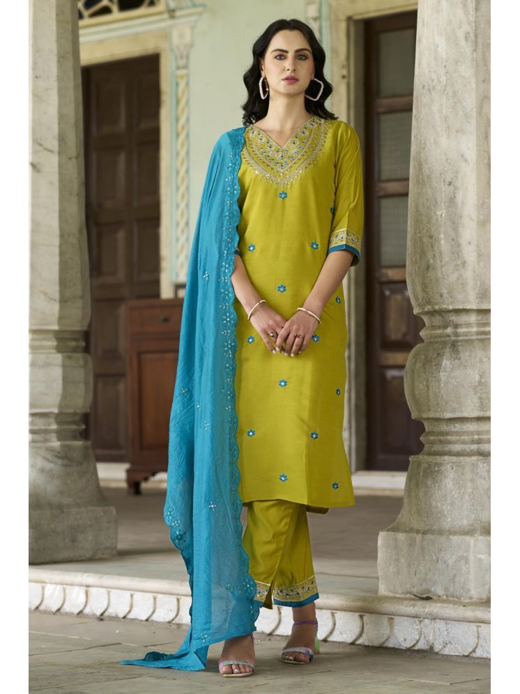     			VredeVogel Silk Blend Embroidered Kurti With Pants Women's Stitched Salwar Suit - Yellow ( Pack of 1 )