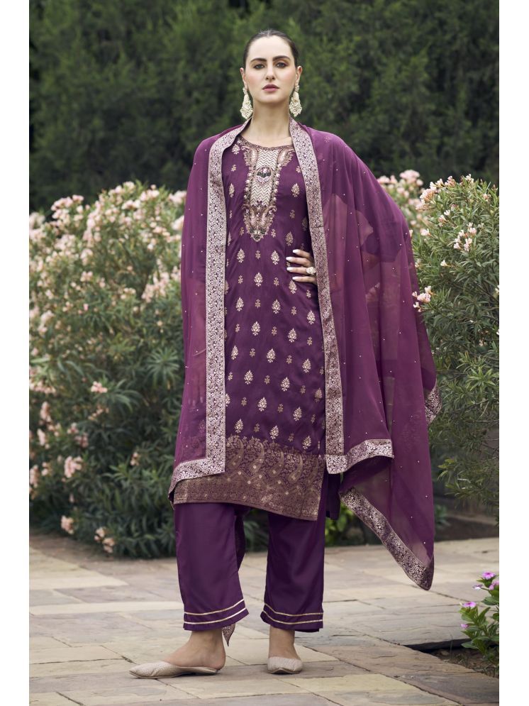     			VredeVogel Viscose Embellished Kurti With Pants Women's Stitched Salwar Suit - Purple ( Pack of 1 )