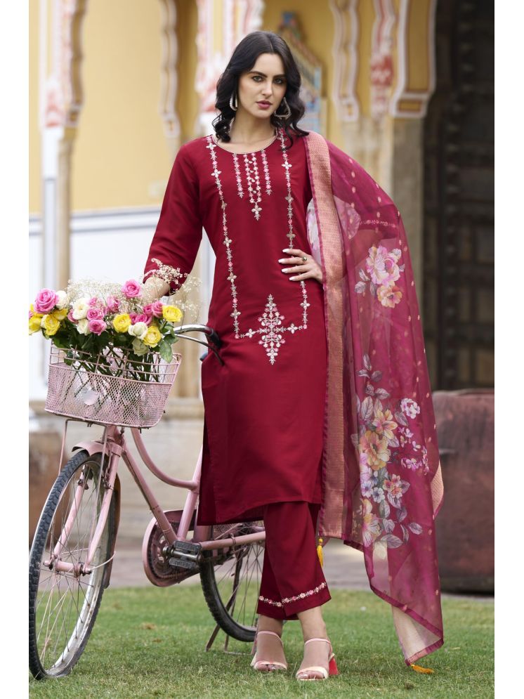     			VredeVogel Viscose Embroidered Kurti With Pants Women's Stitched Salwar Suit - Maroon ( Pack of 1 )