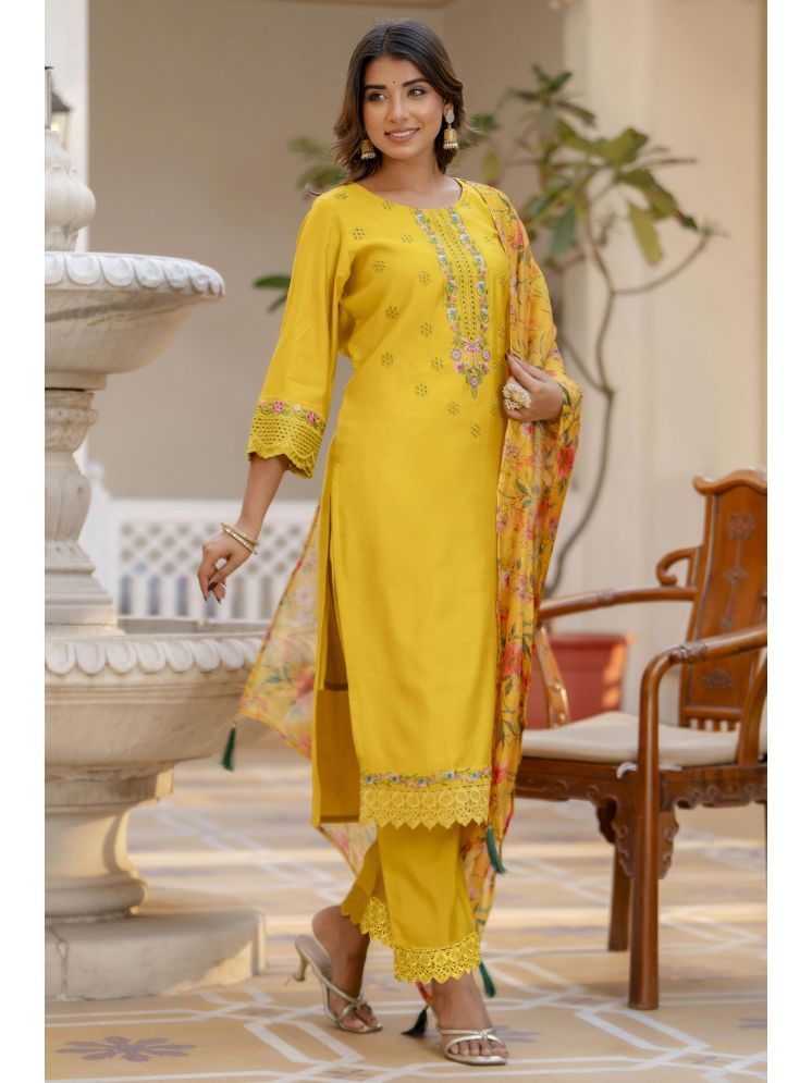     			VredeVogel Viscose Embroidered Kurti With Pants Women's Stitched Salwar Suit - Yellow ( Pack of 1 )