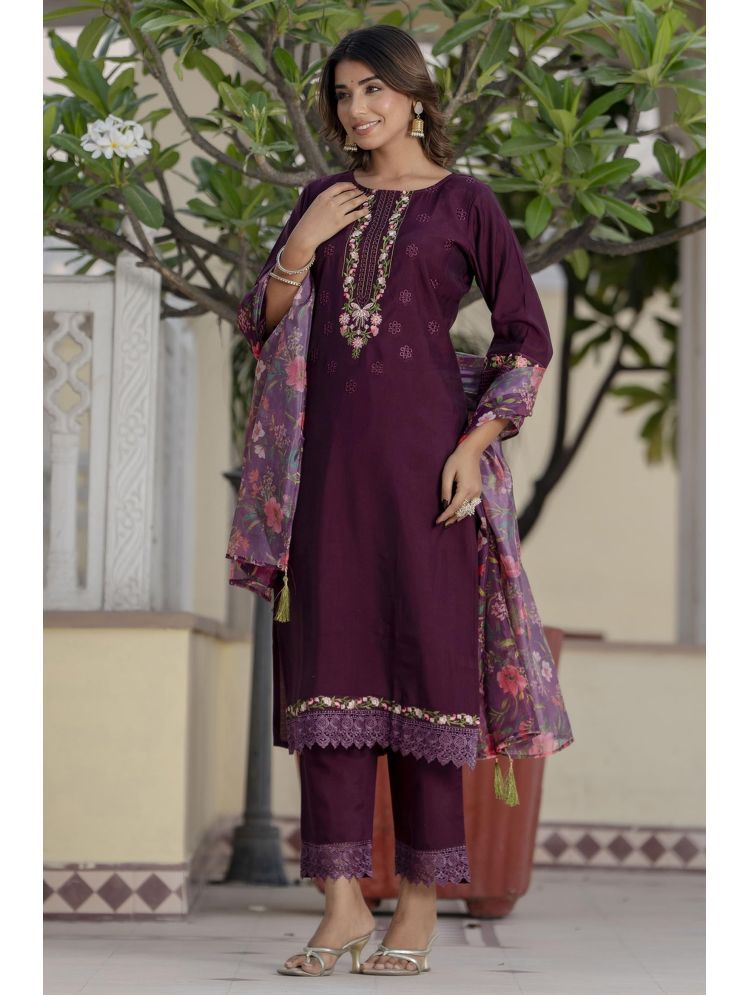     			VredeVogel Viscose Embroidered Kurti With Pants Women's Stitched Salwar Suit - Purple ( Pack of 1 )