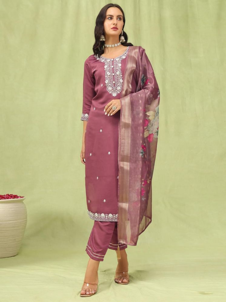     			VredeVogel Viscose Embroidered Kurti With Pants Women's Stitched Salwar Suit - Purple ( Pack of 1 )