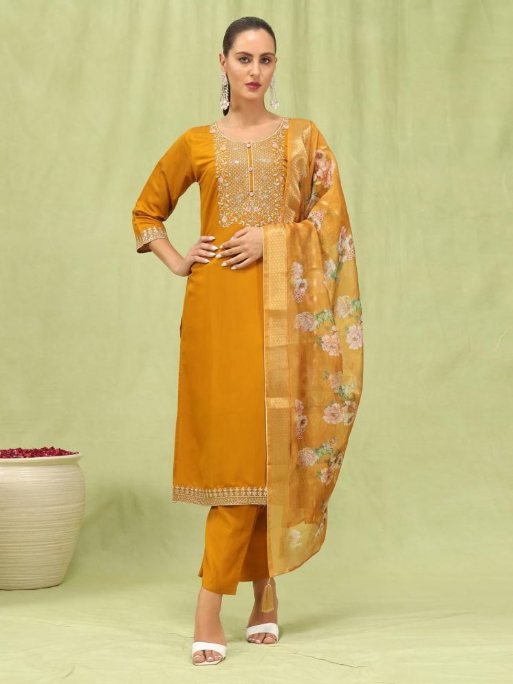     			VredeVogel Viscose Embroidered Kurti With Pants Women's Stitched Salwar Suit - Mustard ( Pack of 1 )