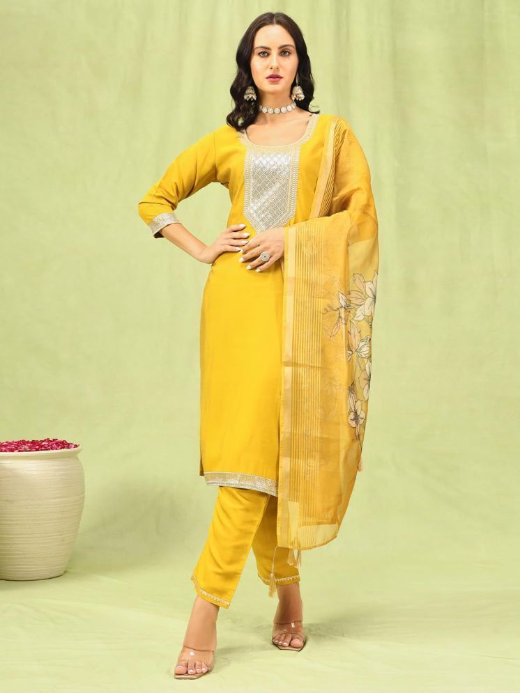     			VredeVogel Viscose Embroidered Kurti With Pants Women's Stitched Salwar Suit - Yellow ( Pack of 1 )