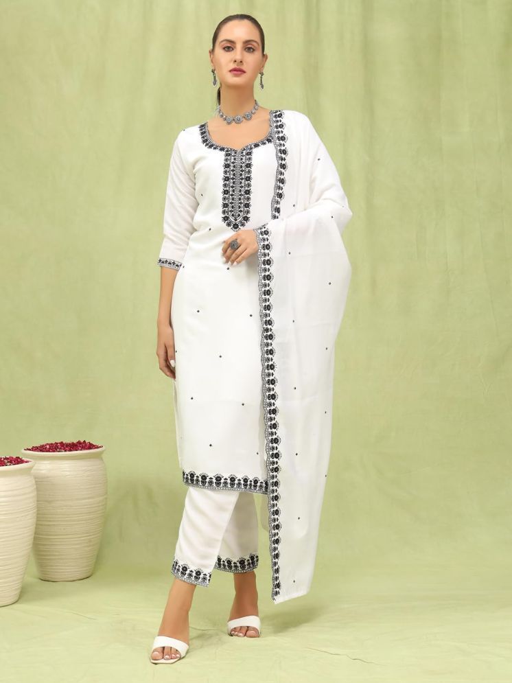     			VredeVogel Viscose Embroidered Kurti With Pants Women's Stitched Salwar Suit - White ( Pack of 1 )