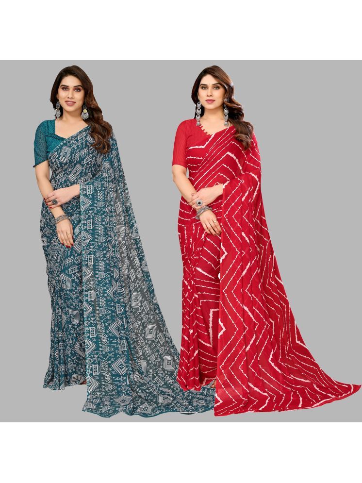     			Kashvi Sarees Georgette Printed Saree With Blouse Piece - Multicolour ( Pack of 2 )