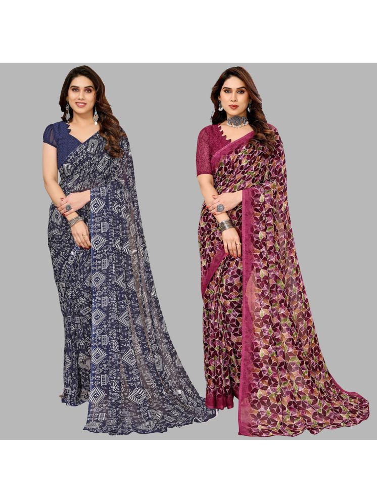     			Kashvi Sarees Georgette Printed Saree With Blouse Piece - Multicolour ( Pack of 2 )