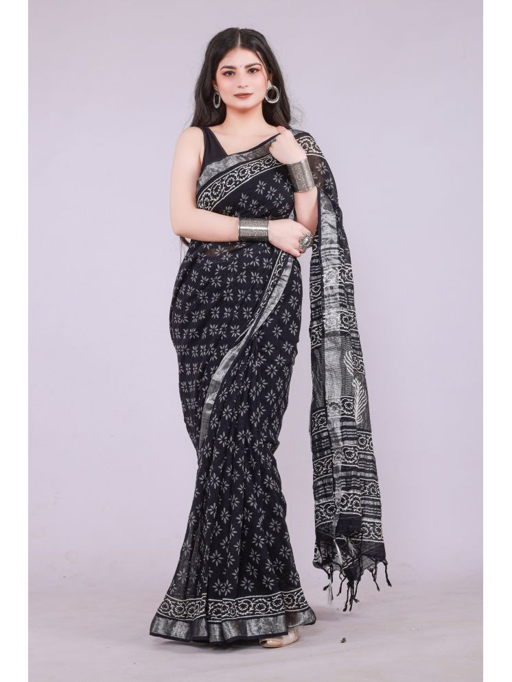     			NOITAERCPR Cotton Printed Saree With Blouse Piece - Black ( Pack of 1 )