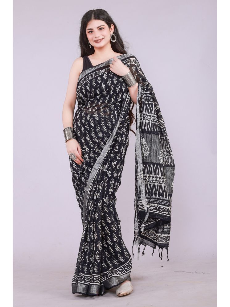     			NOITAERCPR Cotton Printed Saree With Blouse Piece - Black ( Pack of 1 )