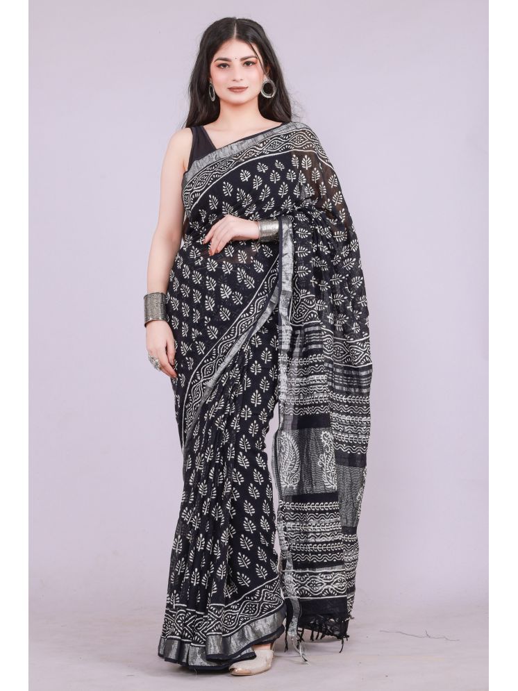     			NOITAERCPR Cotton Printed Saree With Blouse Piece - Black ( Pack of 1 )