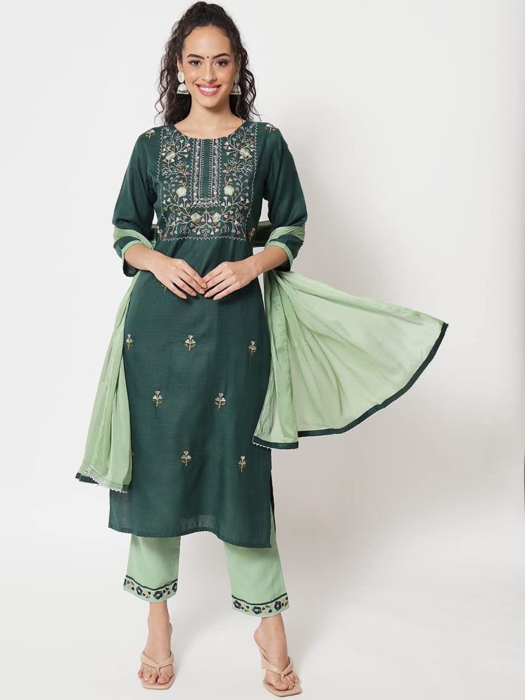     			VredeVogel Cotton Blend Embroidered Kurti With Pants Women's Stitched Salwar Suit - Green ( Pack of 1 )