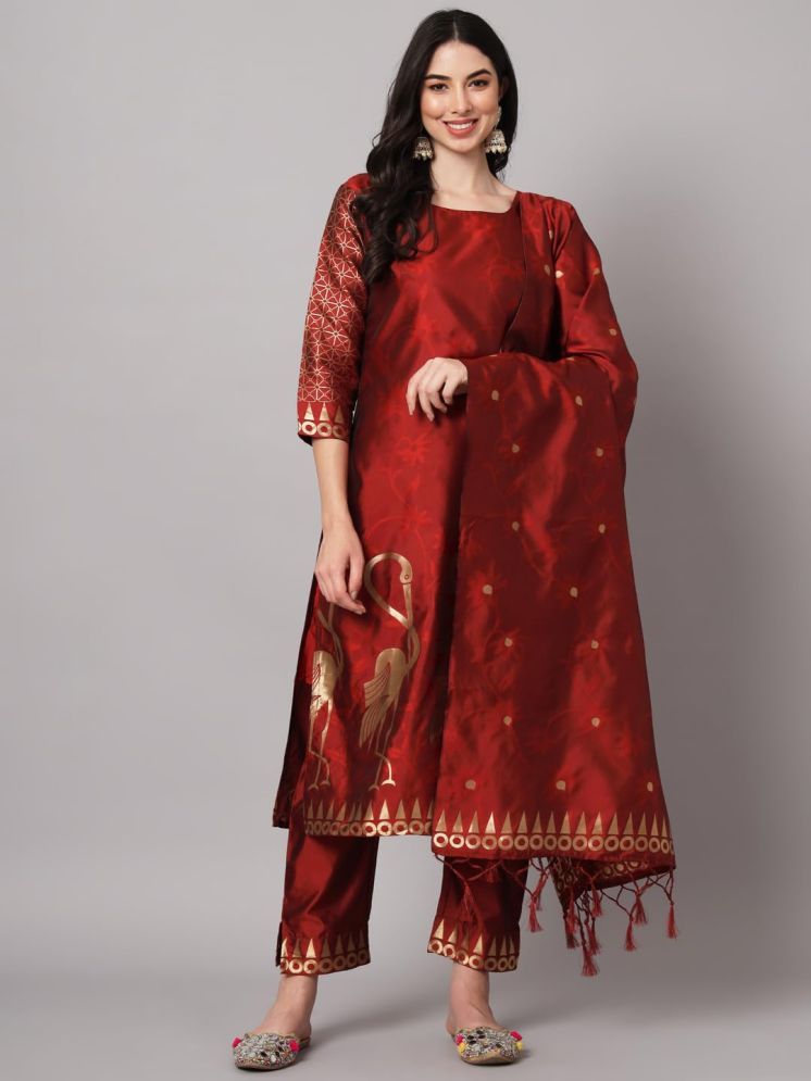     			VredeVogel Cotton Silk Self Design Kurti With Pants Women's Stitched Salwar Suit - Maroon ( Pack of 1 )