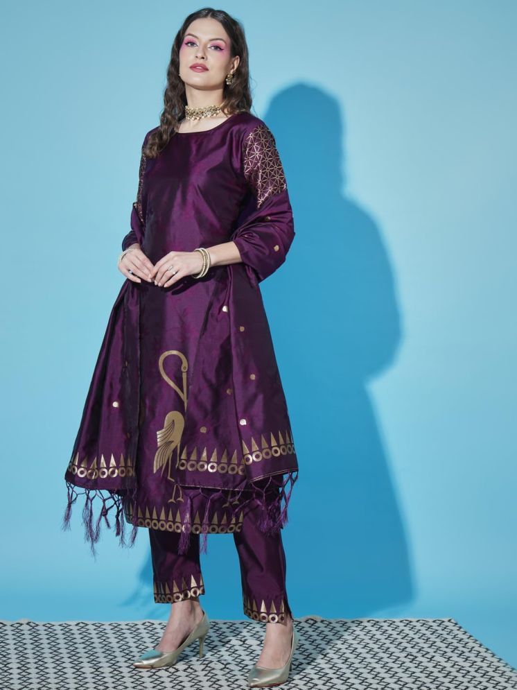     			VredeVogel Cotton Silk Self Design Kurti With Pants Women's Stitched Salwar Suit - Purple ( Pack of 1 )