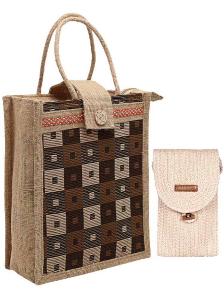     			ENSAC Beige Jute Handheld Bag