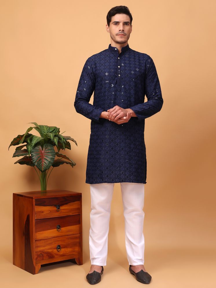     			Hangup Navy Rayon Regular Fit Men's Kurta Pyjama Set ( Pack of 1 )